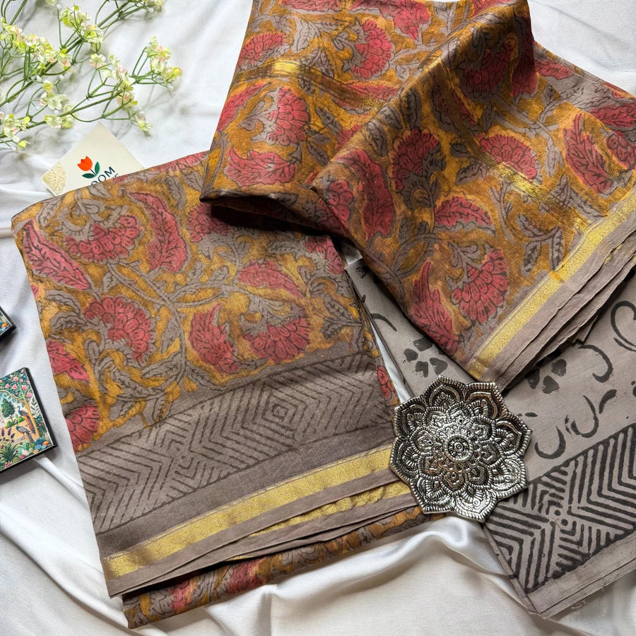 Natural Pomegranate Peel Ajrakh Hand Block Printed Chanderi 3-Piece Suit Set – Earthy Taupe & Rust