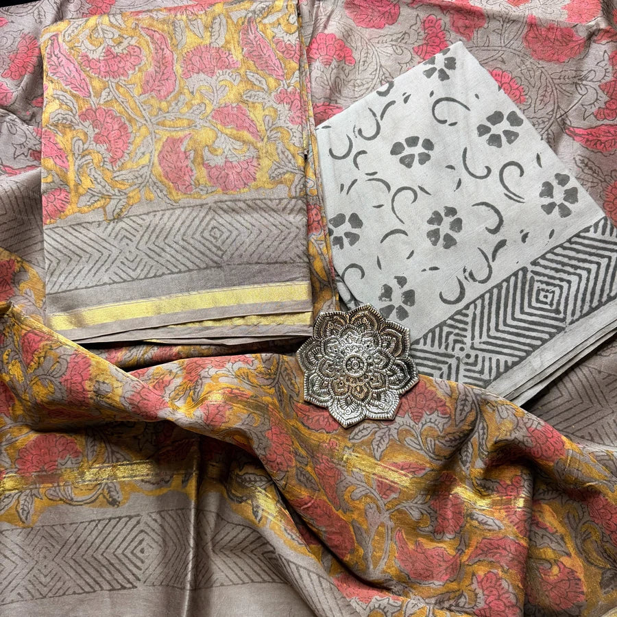 Natural Pomegranate Peel Ajrakh Hand Block Printed Chanderi 3-Piece Suit Set – Earthy Taupe & Rust
