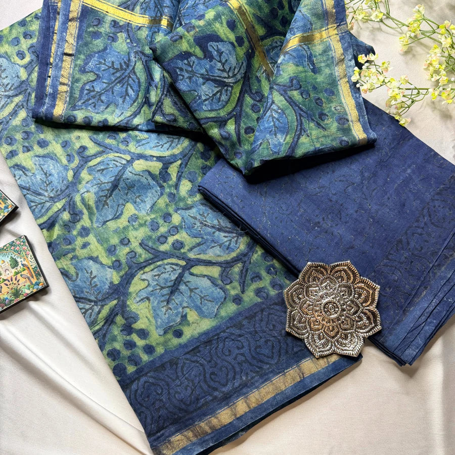 Natural Pomegranate Peel Ajrakh Hand Block Printed Chanderi 3-Piece Suit Set – Indigo Blue & Sage Green