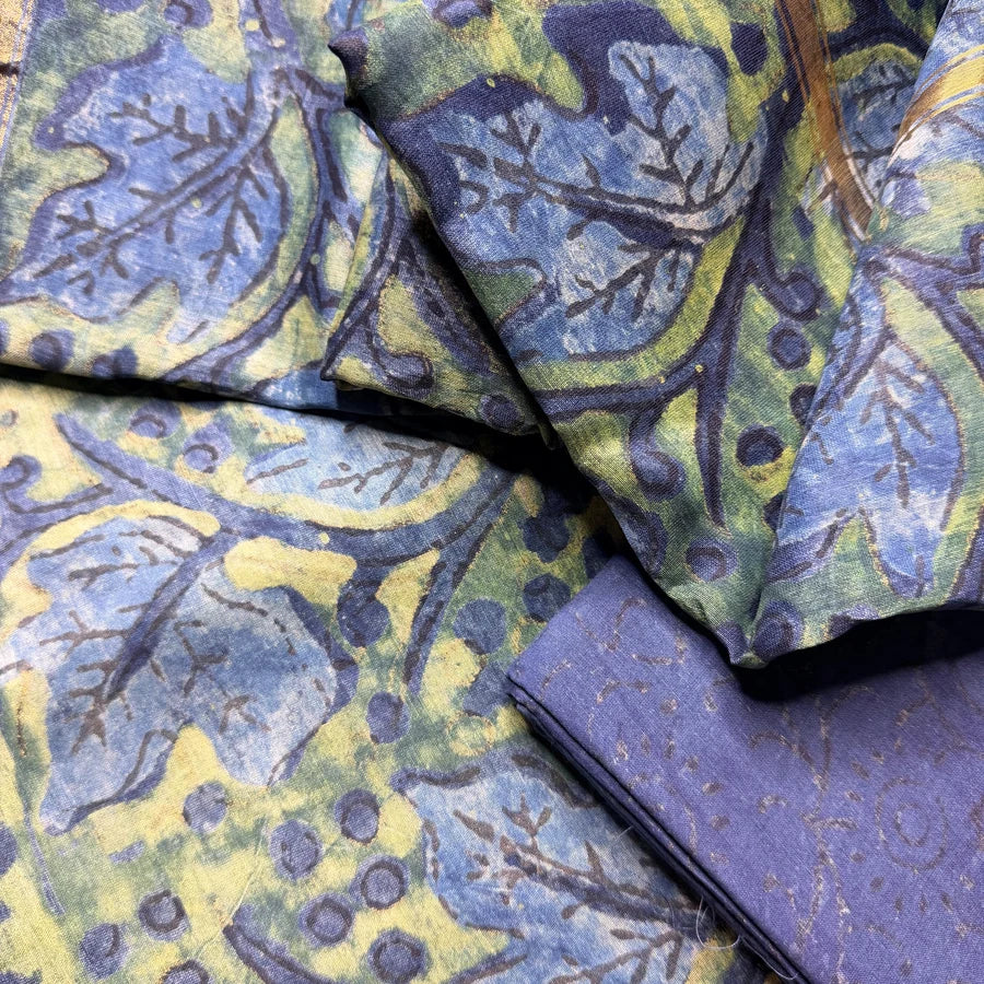 Natural Pomegranate Peel Ajrakh Hand Block Printed Chanderi 3-Piece Suit Set – Indigo Blue & Sage Green