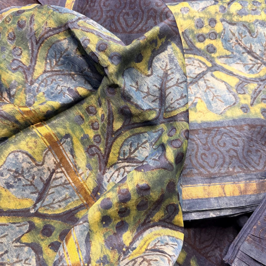 Natural Pomegranate Peel Ajrakh Hand Block Printed Chanderi 3-Piece Suit Set – Indigo Blue & Sage Green