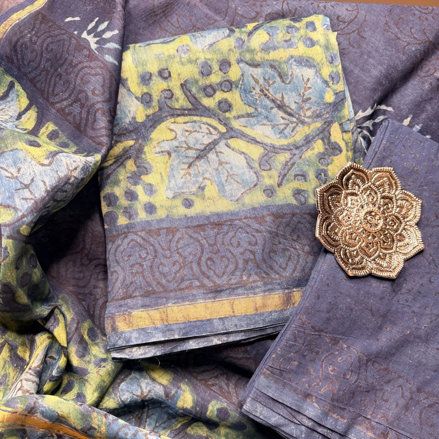 Natural Pomegranate Peel Ajrakh Hand Block Printed Chanderi 3-Piece Suit Set – Indigo Blue & Sage Green