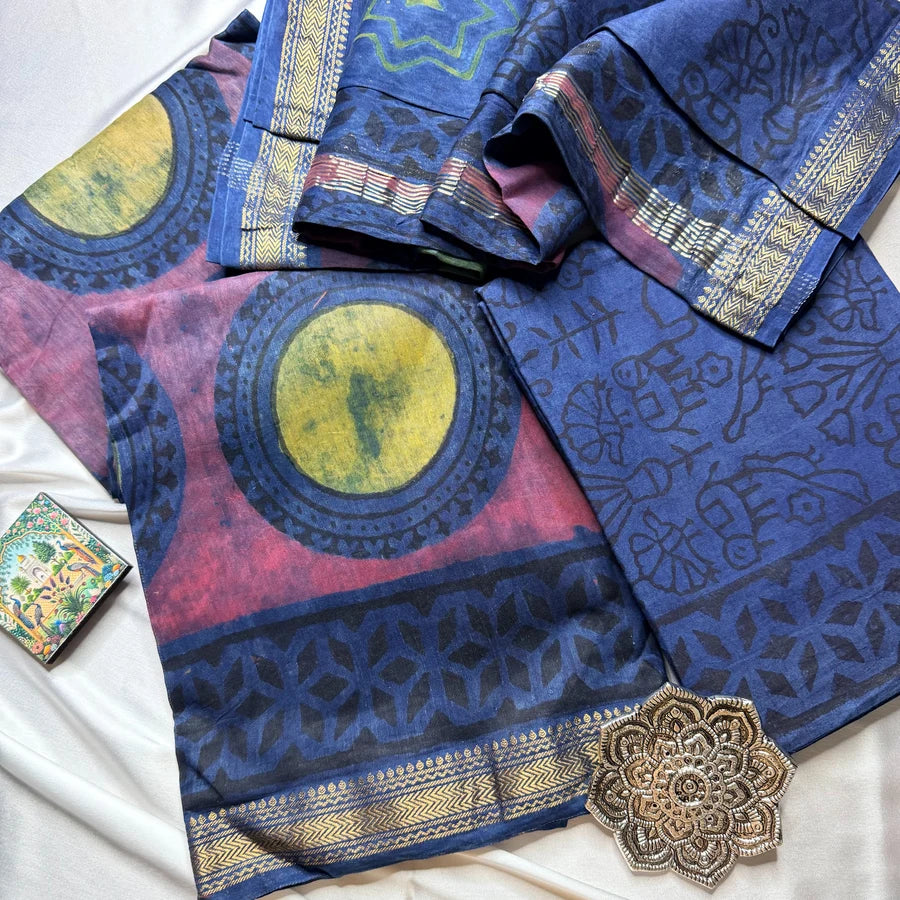 Natural Pomegranate Peel Ajrakh Hand Block Printed Maheshwari 3-Piece Suit Set – Royal Blue & Plum