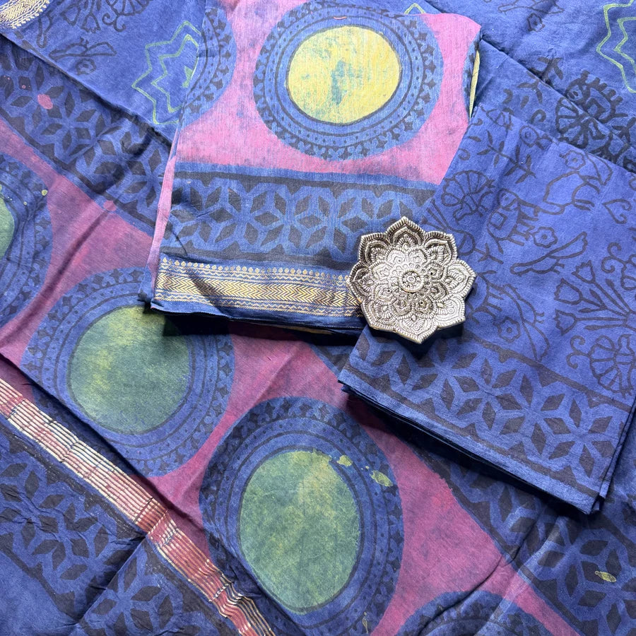 Natural Pomegranate Peel Ajrakh Hand Block Printed Maheshwari 3-Piece Suit Set – Royal Blue & Plum