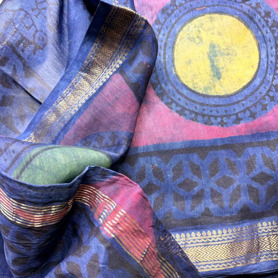Natural Pomegranate Peel Ajrakh Hand Block Printed Maheshwari 3-Piece Suit Set – Royal Blue & Plum