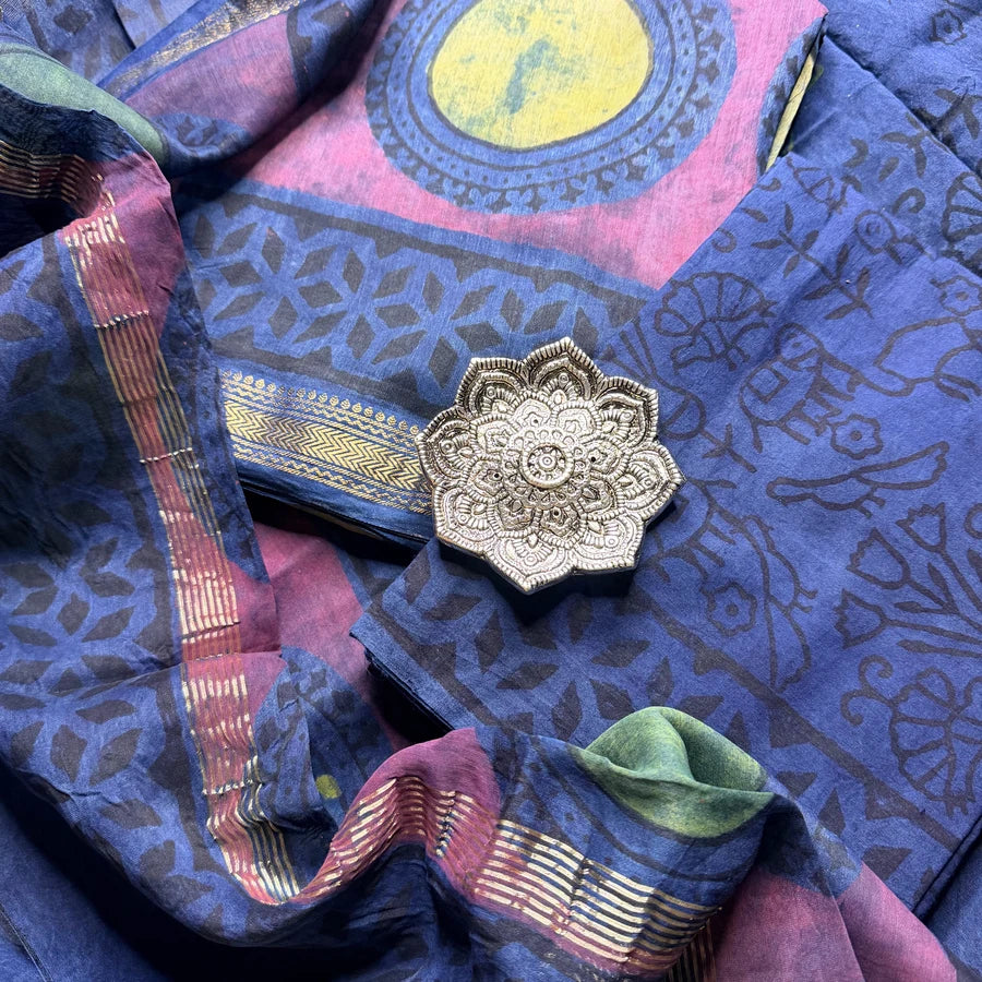 Natural Pomegranate Peel Ajrakh Hand Block Printed Maheshwari 3-Piece Suit Set – Royal Blue & Plum