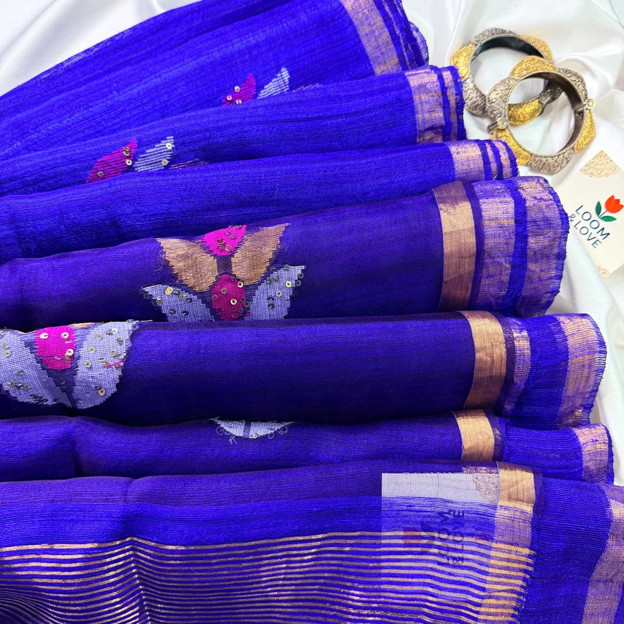 Neeladeepa — Pure Handwoven Matka Silk Saree with Double Diya Jamdani