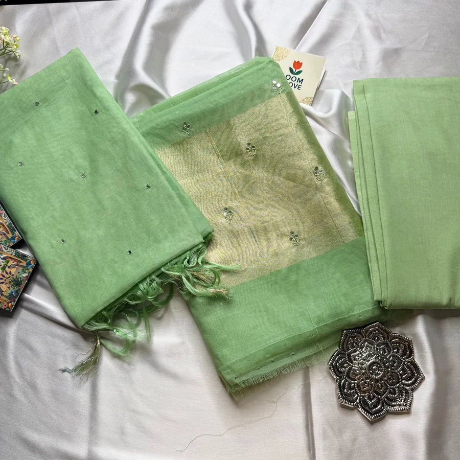 Pastel Green Mul Chanderi Hand Embroidered 3-Piece Suit Set