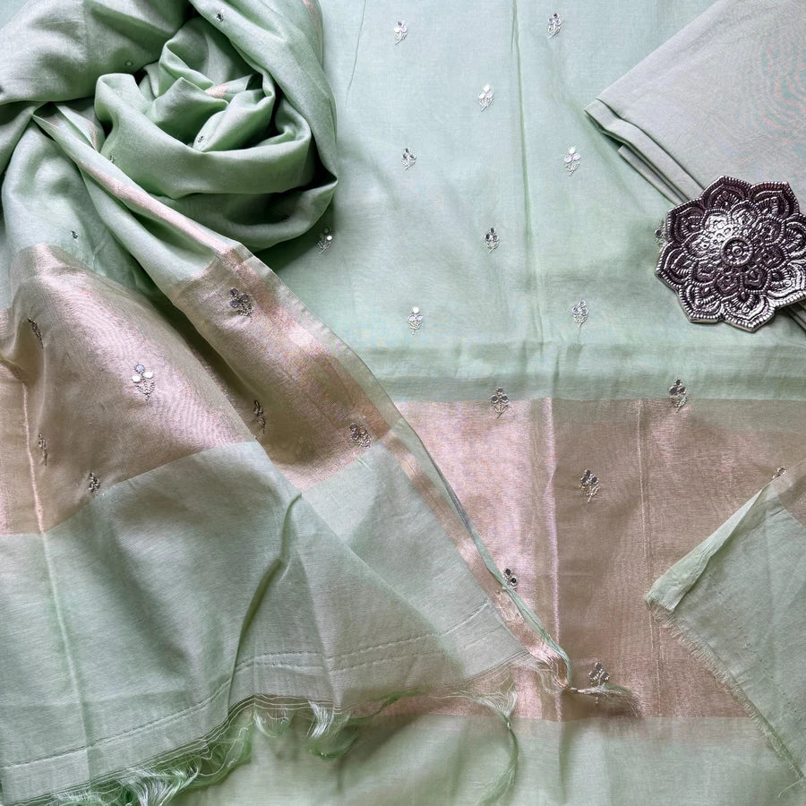 Pastel Green Mul Chanderi Hand Embroidered 3-Piece Suit Set