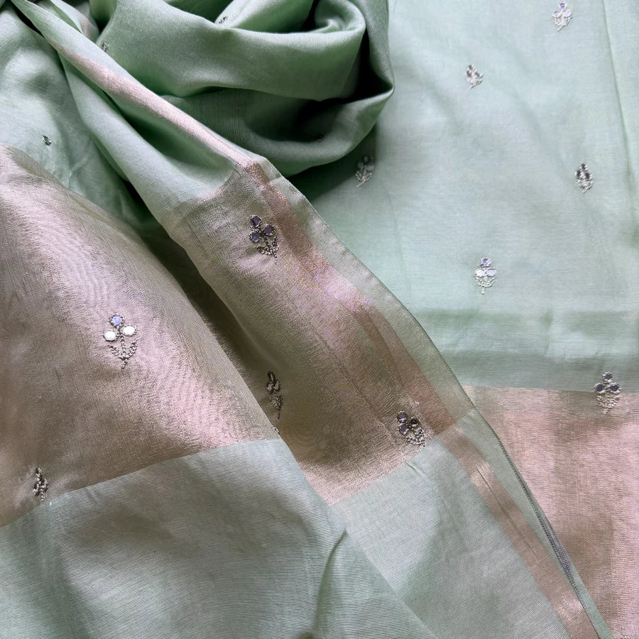 Pastel Green Mul Chanderi Hand Embroidered 3-Piece Suit Set