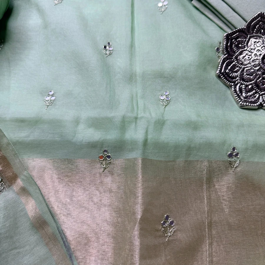 Pastel Green Mul Chanderi Hand Embroidered 3-Piece Suit Set