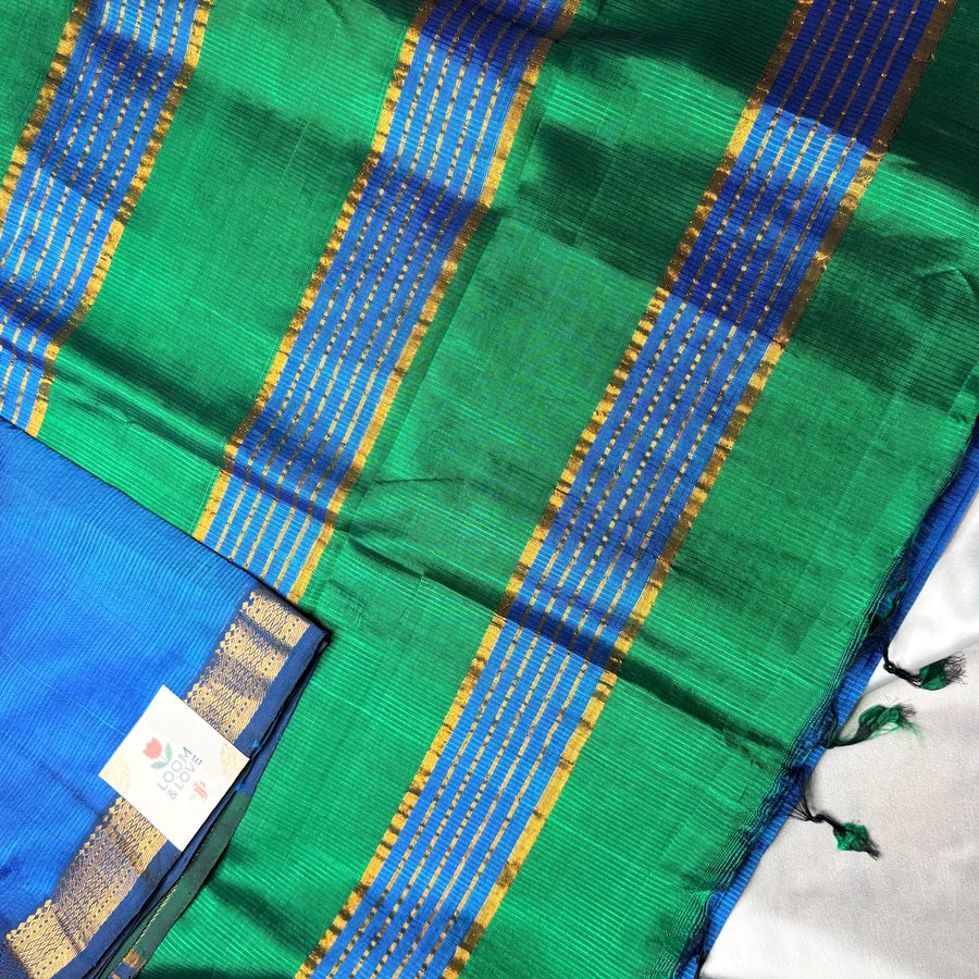 Peacock Blue & Green Handloom Mangalagiri Pattu by Cotton Saree