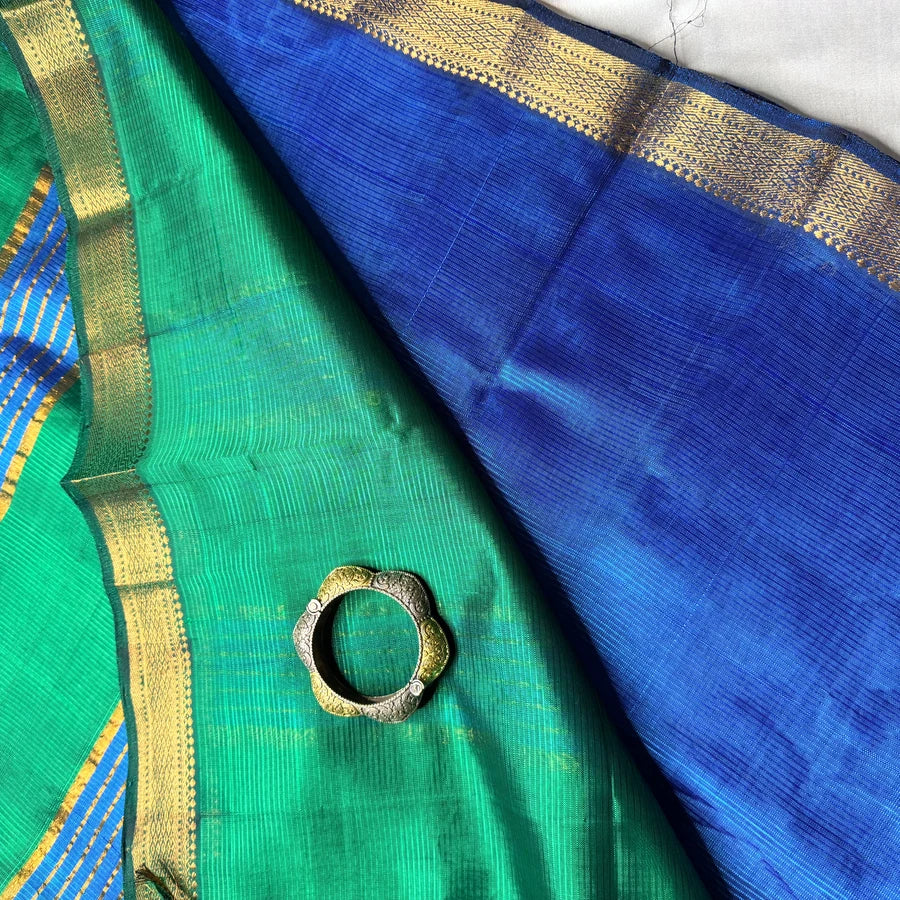 Peacock Blue & Green Handloom Mangalagiri Pattu by Cotton Saree
