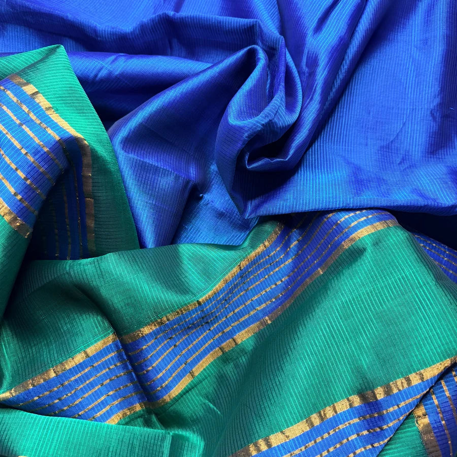 Peacock Blue & Green Handloom Mangalagiri Pattu by Cotton Saree