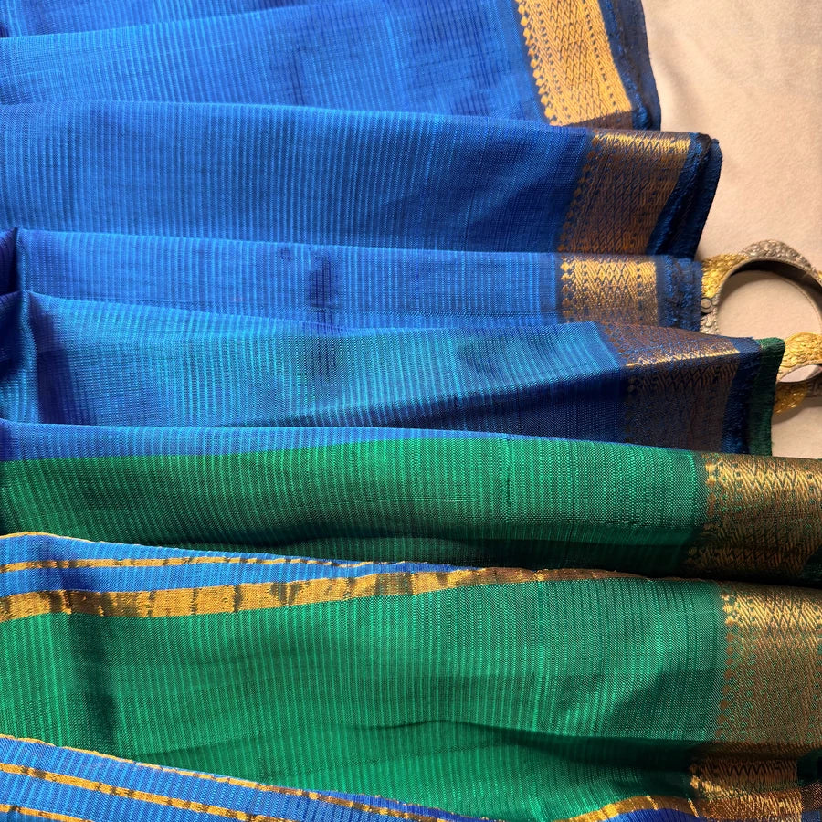 Peacock Blue & Green Handloom Mangalagiri Pattu by Cotton Saree