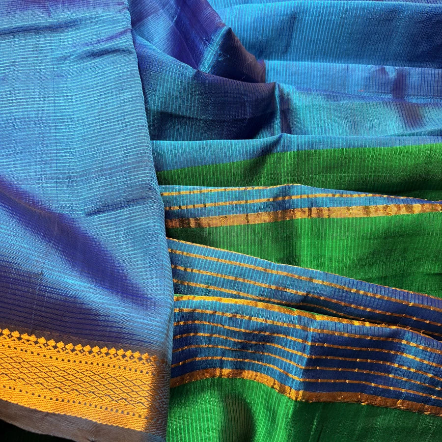 Peacock Blue & Green Handloom Mangalagiri Pattu by Cotton Saree