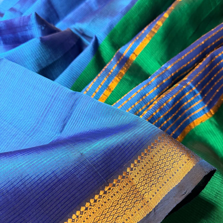 Peacock Blue & Green Handloom Mangalagiri Pattu by Cotton Saree