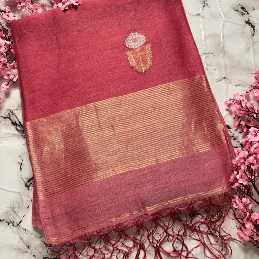 Pink Floral Silk Linen Jamdani Saree