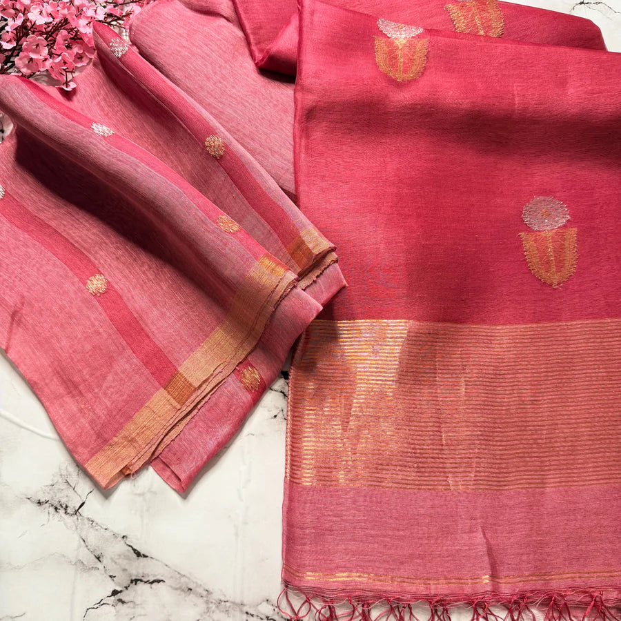 Pink Floral Silk Linen Jamdani Saree