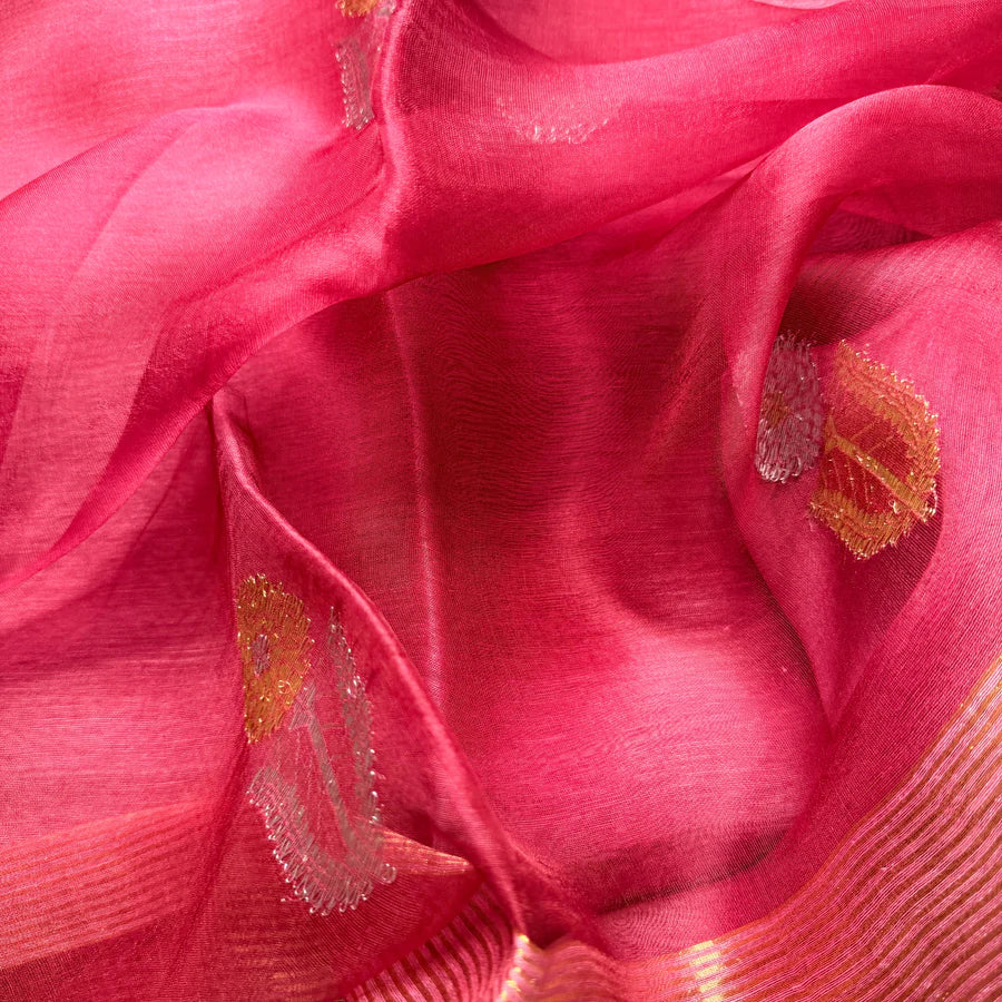 Pink Floral Silk Linen Jamdani Saree