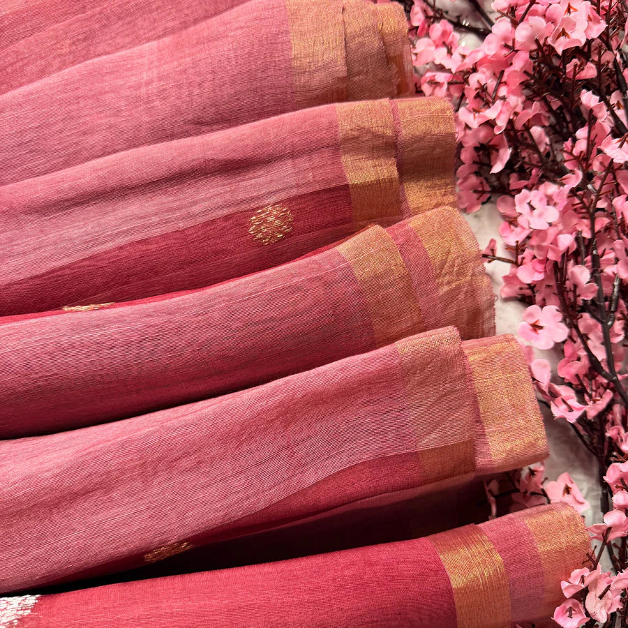 Pink Floral Silk Linen Jamdani Saree