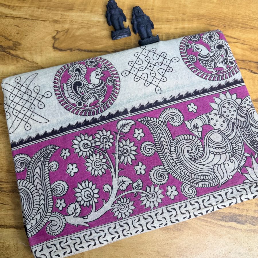 Pink Kalamkari with Kolam Border