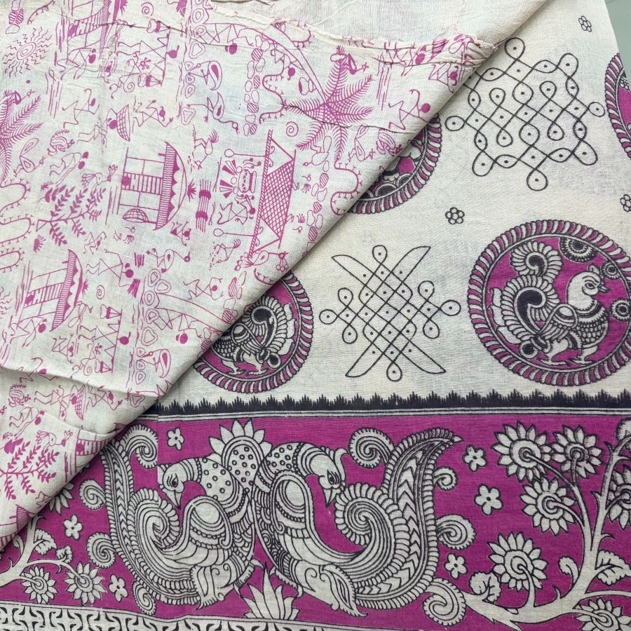 Pink Kalamkari with Kolam Border