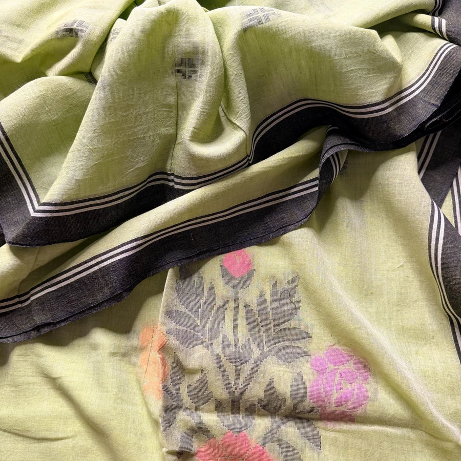Pista Green Mul Mul Cotton Floral Woven Saree