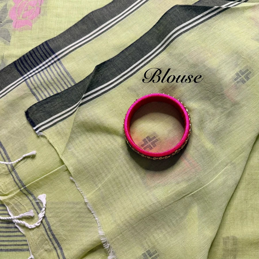 Pista Green Mul Mul Cotton Floral Woven Saree