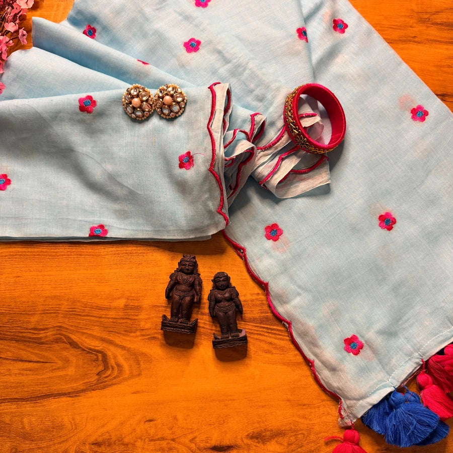 Powder Blue Mul Mul Cotton Embroidered Saree