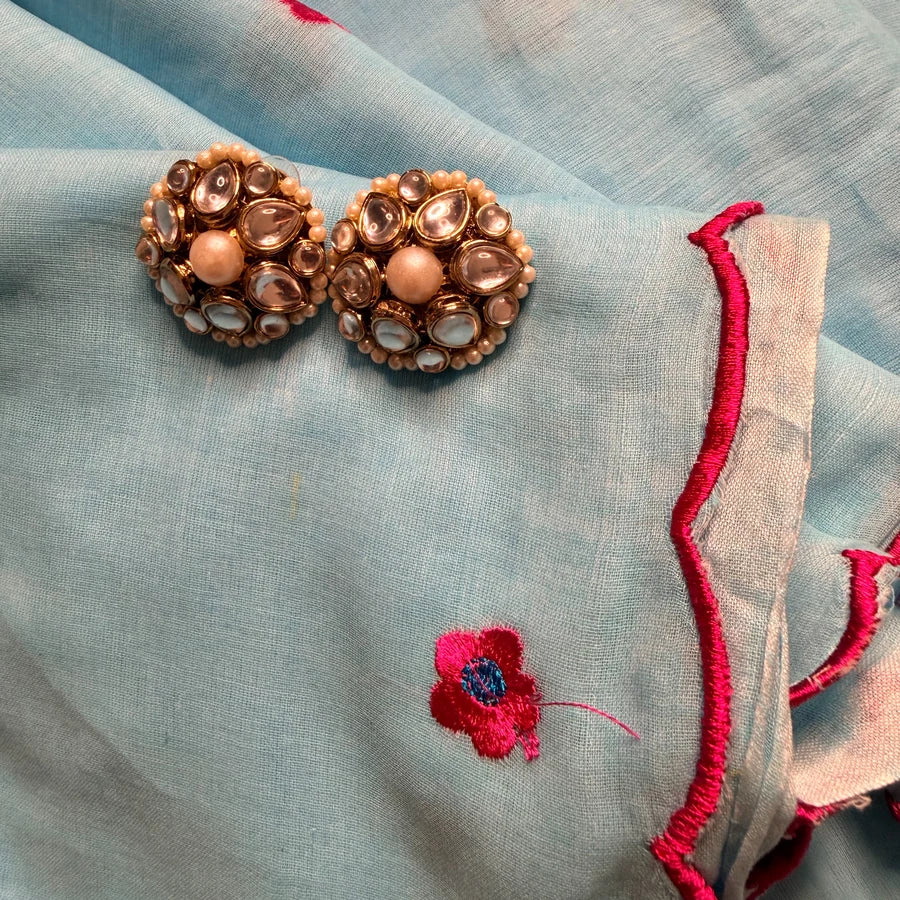 Powder Blue Mul Mul Cotton Embroidered Saree