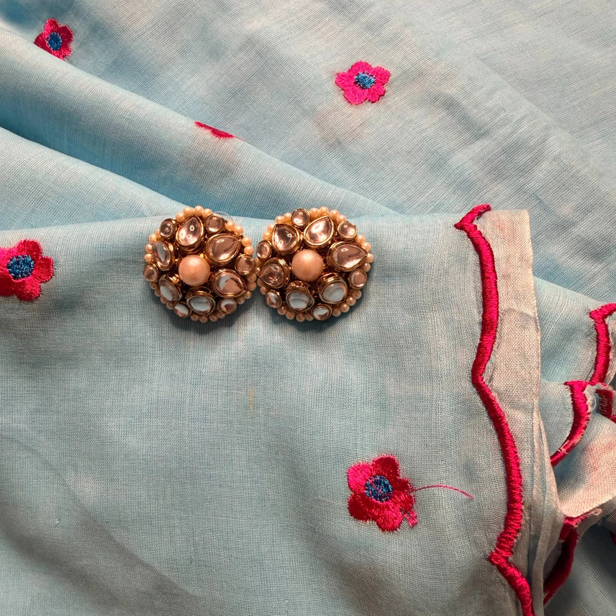 Powder Blue Mul Mul Cotton Embroidered Saree