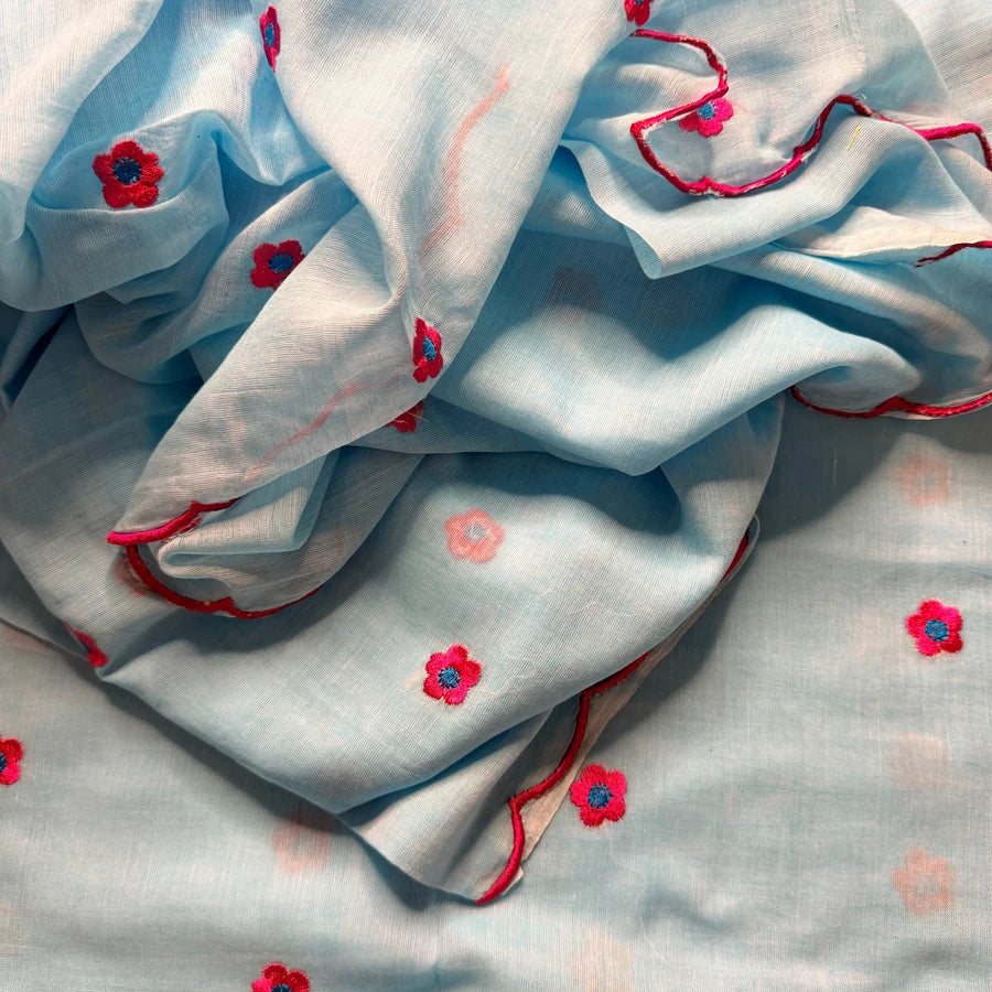 Powder Blue Mul Mul Cotton Embroidered Saree
