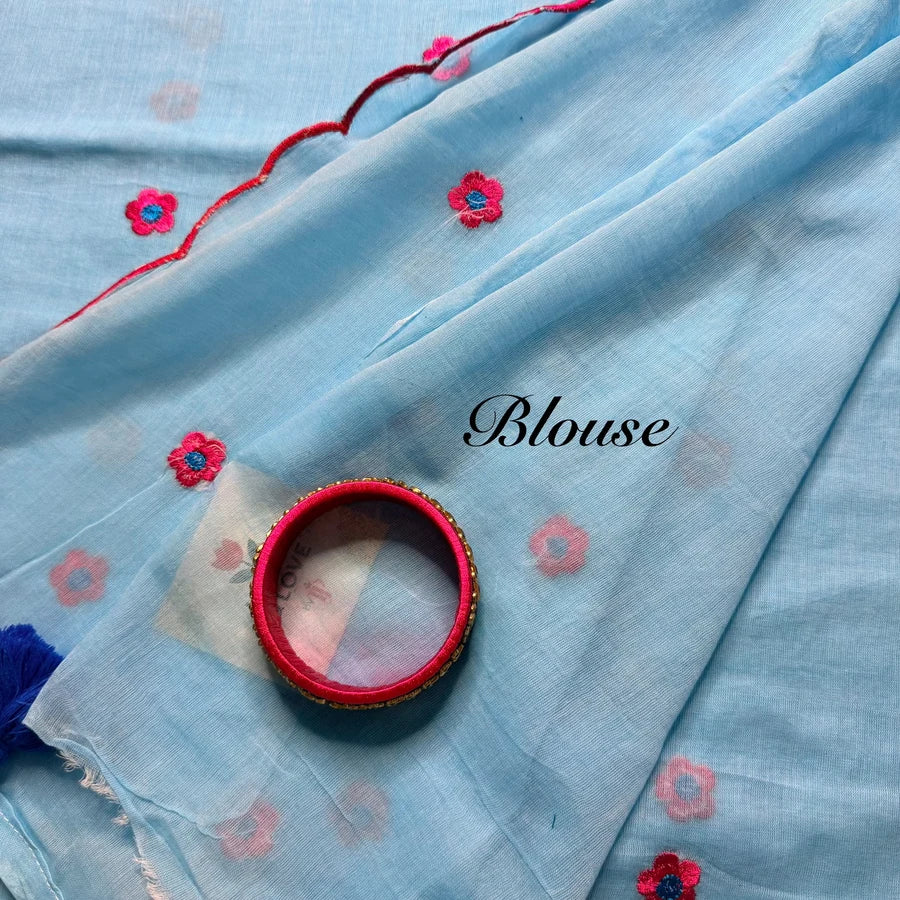 Powder Blue Mul Mul Cotton Embroidered Saree