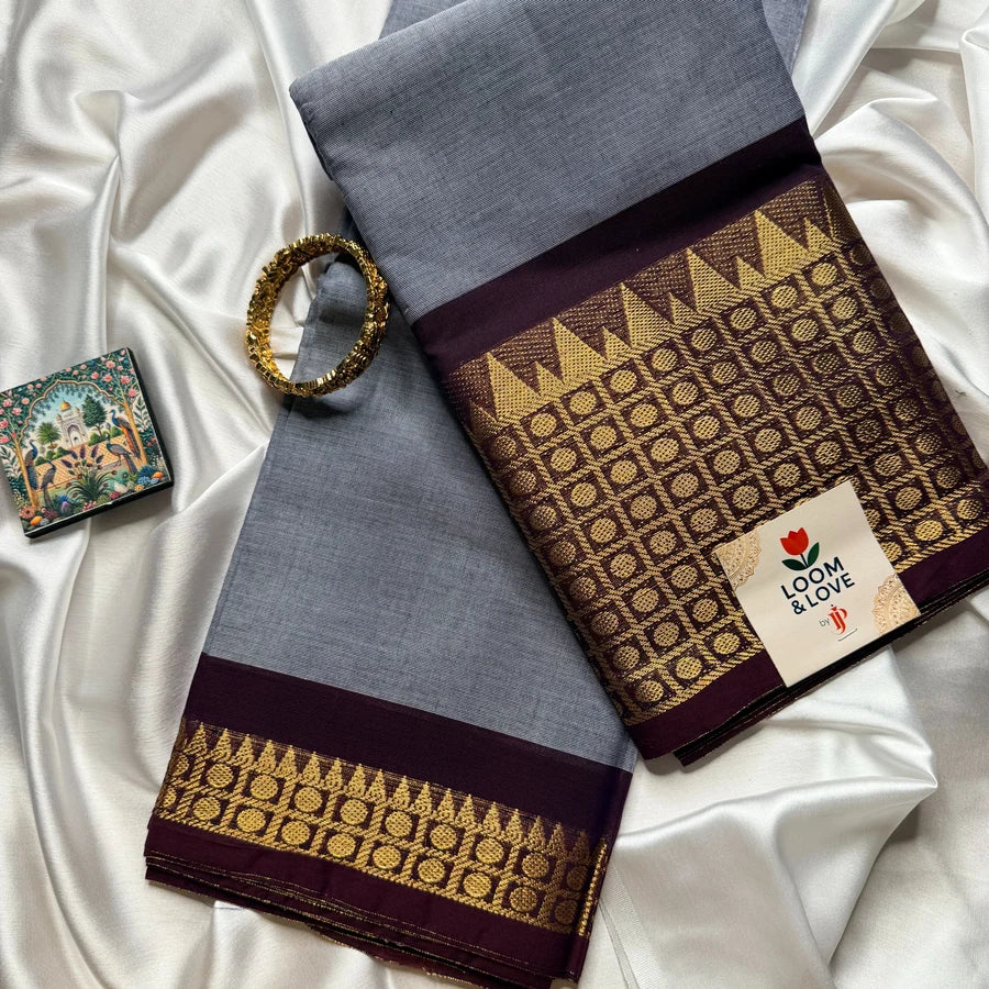 Pure Handloom Chettinad Cotton Saree with Grand Kanchi Zari Border – Slate Grey & Deep Wine