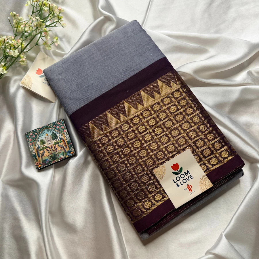 Pure Handloom Chettinad Cotton Saree with Grand Kanchi Zari Border – Slate Grey & Deep Wine