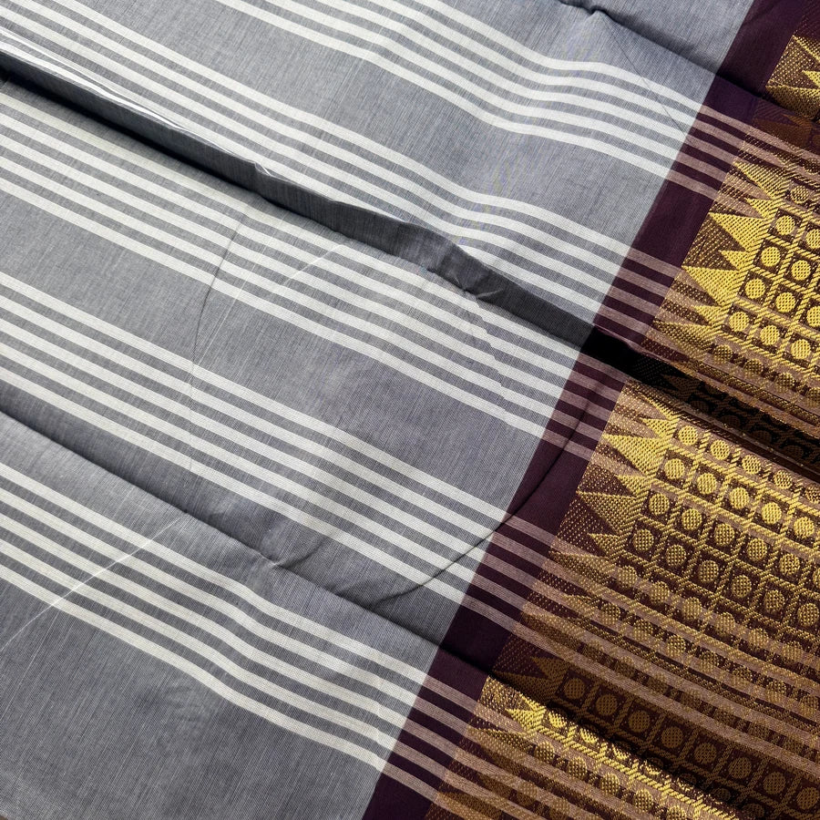 Pure Handloom Chettinad Cotton Saree with Grand Kanchi Zari Border – Slate Grey & Deep Wine