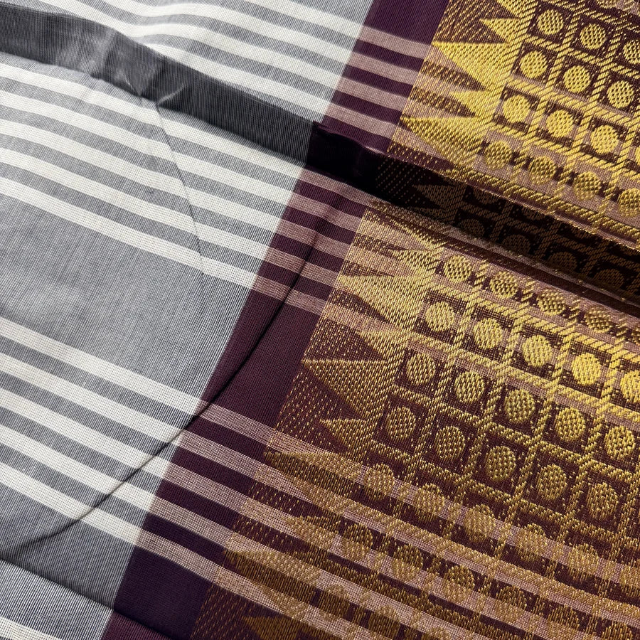 Pure Handloom Chettinad Cotton Saree with Grand Kanchi Zari Border – Slate Grey & Deep Wine