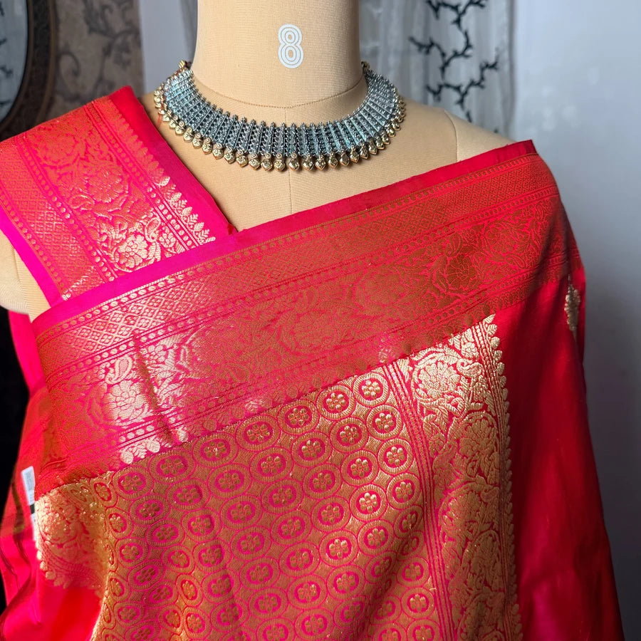 Pure Handwoven Katan Silk Banarasi Kadhwa Saree – Dual Tone Pink with Gold Zari