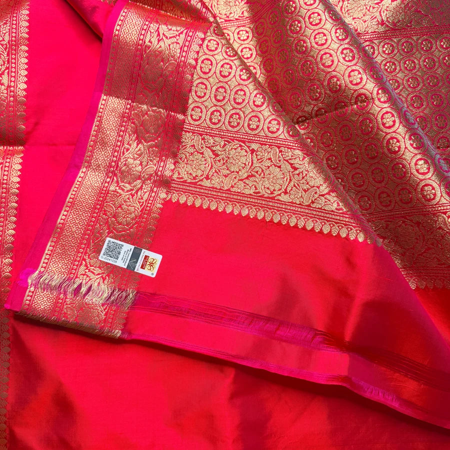 Pure Handwoven Katan Silk Banarasi Kadhwa Saree – Dual Tone Pink with Gold Zari