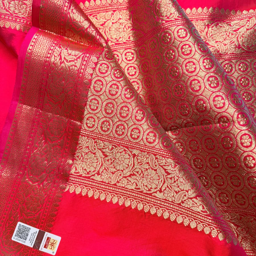 Pure Handwoven Katan Silk Banarasi Kadhwa Saree – Dual Tone Pink with Gold Zari