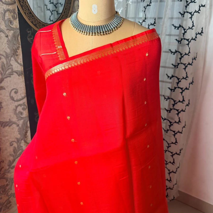Pure Handwoven Kora Silk Banarasi Kadhwa Saree – Bright Red