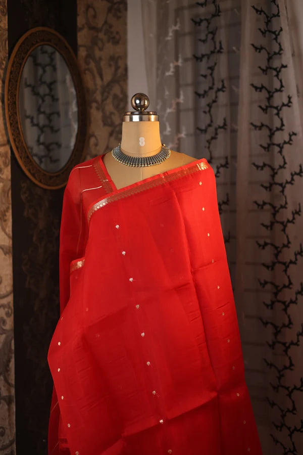 Pure Handwoven Kora Silk Banarasi Kadhwa Saree – Bright Red