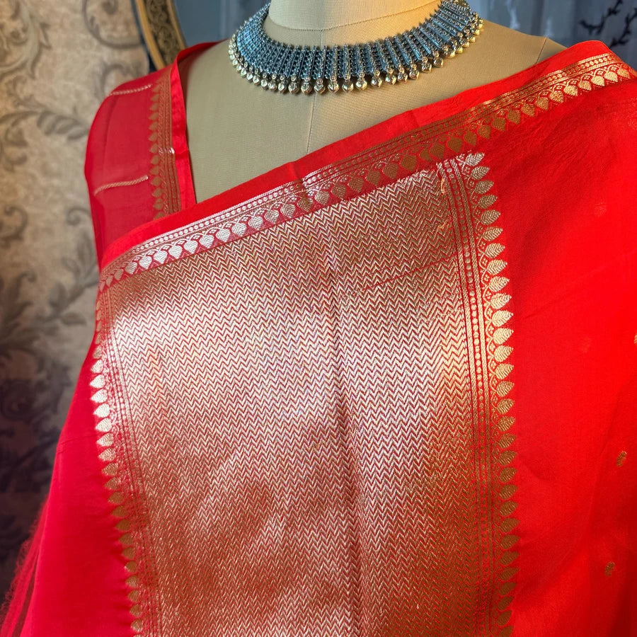 Pure Handwoven Kora Silk Banarasi Kadhwa Saree – Bright Red