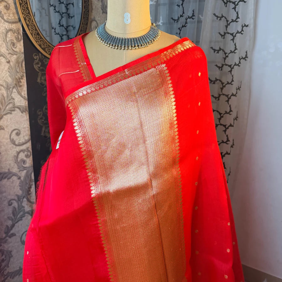 Pure Handwoven Kora Silk Banarasi Kadhwa Saree – Bright Red