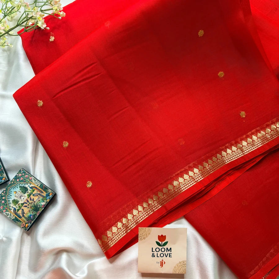 Pure Handwoven Kora Silk Banarasi Kadhwa Saree – Bright Red