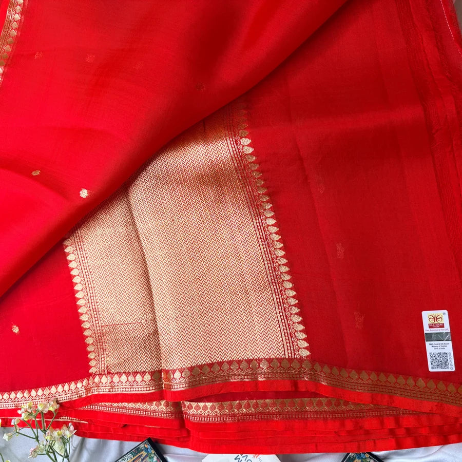 Pure Handwoven Kora Silk Banarasi Kadhwa Saree – Bright Red