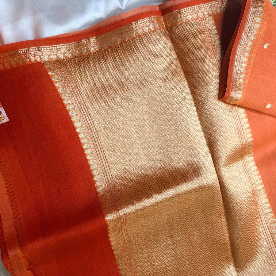 Pure Handwoven Kora Silk Banarasi Kadhwa Saree – Orange & Rust Orange