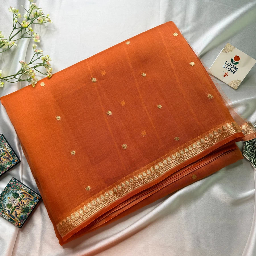 Pure Handwoven Kora Silk Banarasi Kadhwa Saree – Orange & Rust Orange