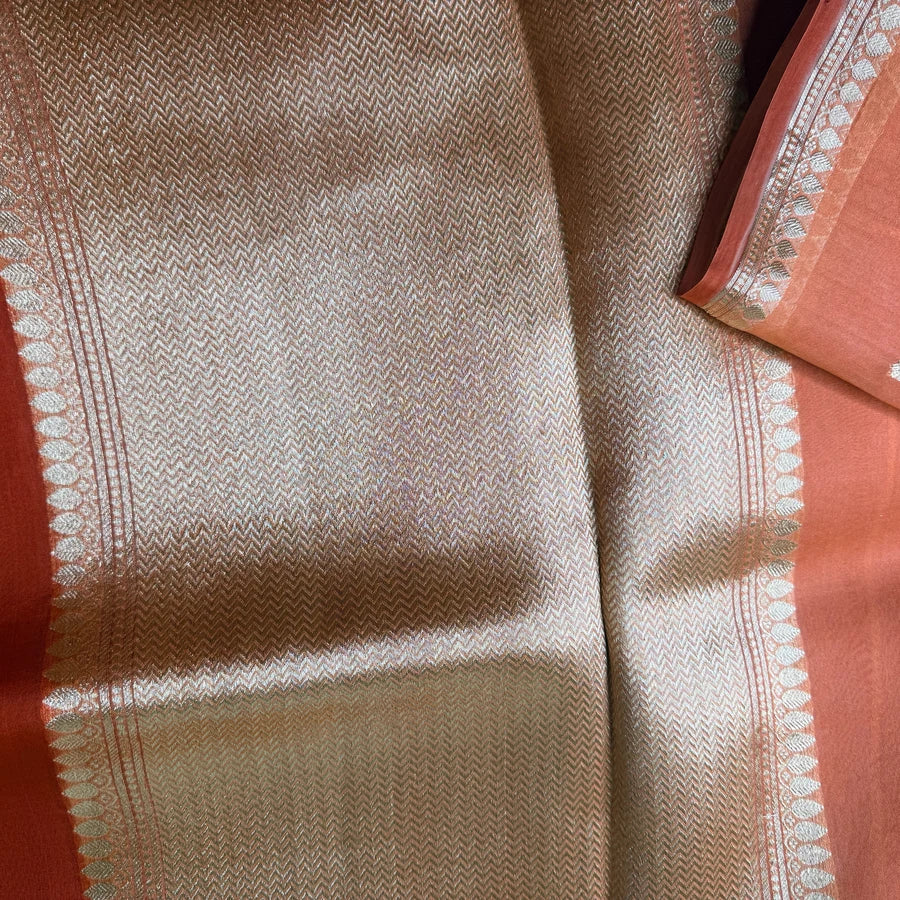 Pure Handwoven Kora Silk Banarasi Kadhwa Saree – Orange & Rust Orange